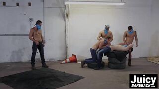 Horny jocks enjoying bareback fuck fest in a public place