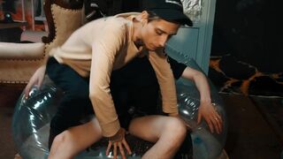 Young students have hot sex on an inflatable transparent chair
