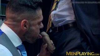 Executive has his hard dick slobbered on and his ass pounded