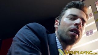 Executive has his hard dick slobbered on and his ass pounded