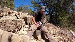 Spraying piss all over my pants near a forest road
