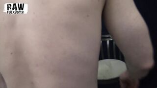 Hairy hung stud fucks blond jock's mouth blindfolded