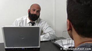 Bald bearded hunk foot worshipped and licked by young lad