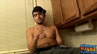 Thug jock strokes his straight cock before spilling jizz