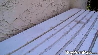 Two twinks Wesley and Micah having a hard bareback outdoors